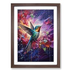 Hummingbird Action Painting Framed Wall Art Print, Ready to Hang Picture for Living Room Bedroom Home Office, Walnut A2 (48 x 66 cm)