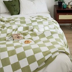 YIRUIO Gooi dekens dambord raster schaakbord gingham warmer comfort pluche omkeerbare microvezel gezellig decor voor thuis bed bank (salie groen, 130 x 160 cm)