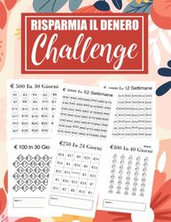 Risparmia il Denaro Challenge: Libro Del Risparmio Di Denaro :Diario di monitoraggio del risparmio soldi |€100, €250, €300, €500, ... €15000 | budget planner challenge italia .