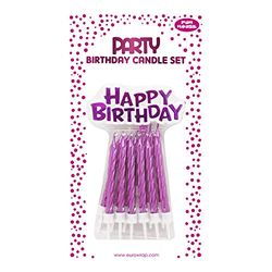 Eurowrap 26568-PC – een set met 12 verjaardagskaarsen + 12 kaarsenhouders + een houder "Happy Birthday" – kleur: roze – verjaardagskaarsen, Happy Birthday