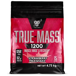 BSN True Mass 1200, protéines en poudre, gain de masse avec isolat de whey et glucides, gain de poids et de muscle et récupération Post Workout, goût Milkshake à la fraise, 15 portions, 4,8 kg