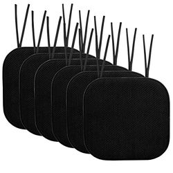 Sweet Home Collection Chair Cushion Memory Foam Pads with Ties Honeycomb Pattern Slip Non Skid Rubber Back Rounded Square 16" x 16" Seat Cover, 6 Pack, Black 6 Pack