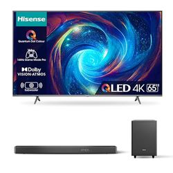 Hisense 65" QLED 4K 2023 65E77KQ PRO, Smart TV VIDAA U7, Dolby Vision IQ, HDR 10+ 4K AX3120G Soundbar 3.1.2, 360W, 2 altoparlanti upfiring, Subwoofer Esterno wireless