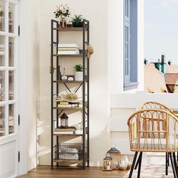 YITAHOME Bibliothèque à 6 Niveaux, étagère à Livres au Sol avec 4 Crochets, étagère en Bois et Cadre en métal, étagère Haute Industrielle, Rangement pour Salon, Bureau à Domicile, Marron Rustique