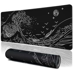 MEWOOCUE Black Gaming Laptop Mouse Pad,Sea Wave Big Mice Pads PC Keyboard Waterproof and Non-Slip 31.5 x 11.8inches 3mm Thick XL,XXL Rubber Table Mat, Kanagawa Surfing and Japanese Mouse Pads
