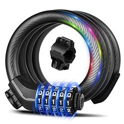 Keystp Cavo per lucchetto bicicletta, fino a 15 mm di spessore, in acciaio ad alta sicurezza a 5 cifre, combinazione antifurto ripristinabile, con staffa di montaggio per biciclette e scooter, nero