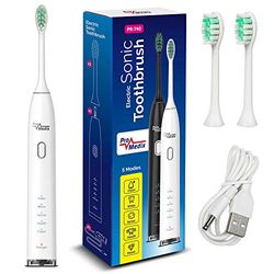Promedix PR-740 W Brosse à dents électrique sonique avec étui de voyage 5 modes de nettoyage 2 têtes de brosse minuterie de 2 minutes IPX7 charge USB étanche Blanc