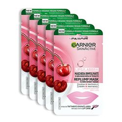 Garnier Maschera in Tessuto per Labbra, Formula Super Idratante e Rimpolpante, Con Ciliegia e Pantenolo, Confezione da 5