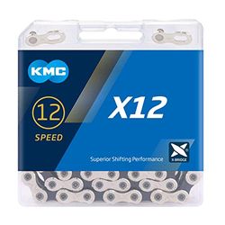 KMC Cadena para bicicleta X12 plateada/negro, 12 velocidades, 1/2"x11/128", 126 eslabones, color plateado y negro