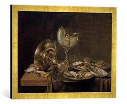 Ingelijst beeld van Willem Claesz. Heda "Stilleven met Nautiluspokal", kunstdruk in hoogwaardige handgemaakte fotolijst, 60x40 cm, Gold raya