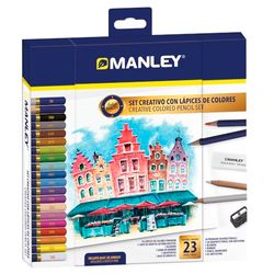 Manley Artist Quality Creatieve set met kleurpotloden, 23-delig, inclusief 18 premium kleurpotloden, 1 grafietstift 2B, 1 blender, 1 gum, 1 puntenslijper en 1 schetsblok A5