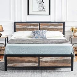VECELO Bedframe 140 x 190 cm, Platformlattenbodem met rustieke kop van vintage hout, lattenbodem van robuust metaal, met opslag, eenvoudige montage, lichtgrijs