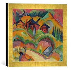 Ingelijste foto van Ernst Ludwig Kirchner "Drie Hütten am Hügel, rode hutten", kunstdruk in hoogwaardige handgemaakte fotolijst, 30x30 cm, Gold Raya