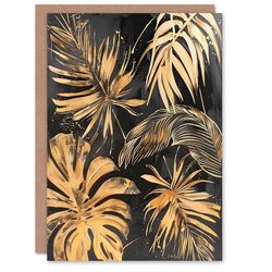 Artery8 Greeting Card Golden Monstera Leaf Palm Frond Dark Plant Lover Blank For Him Or Her Art Birthday Card