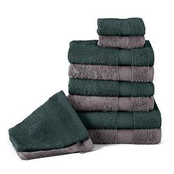 Komfortec Lot de 10 Serviettes, 4X Serviettes 50x100 cm, 2X Serviettes de Bain 70x140 cm, 2X Serviettes invités 30x50 cm, 2X Serviettes de Bain 16x21 cm, Anthracite/Vert Foncé