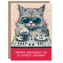 Artery8 Granny Happy Birthday Card DJ Moggie Retro Cool Cat On Decks Fun Funny For Her Greeting Card