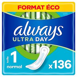 Always Compresas Ultra para mujer, tamaño 1, normal, 136 compresas sin alas (4 x 34 unidades), paquete múltiple, ultrafinas y superabsorbentes