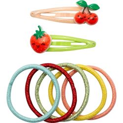 GRUSS & CO 70107 Lot de 2 barrettes à cheveux à paillettes et 5 élastiques à cheveux - Motif fruits - Cadeau d'anniversaire d'enfant, sac d'école, fille