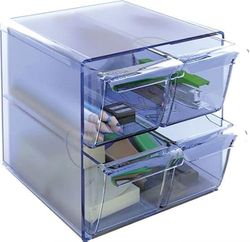 m-office Kali Modular Organiser Stackable Archube Made in Transparent Polystyrene with 4 Small Drawers (Transparent Blue)