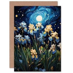 Artery8 Ethereal Irises at Full Moon Moonlit Flowers for Wife Her Mum Sister Daughter Mom Gran Nan Birthday Thank You Get Well Soon Blank Art Greeting Card