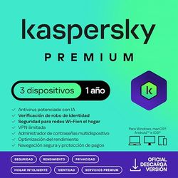 Kaspersky Premium Total Security 2025 | 3 Dispositivos | 1 año | Anti-Phishing y Firewall | VPN ilimitada | Gestor de contraseñas | Control parental | Soporte 24/7 | PC/Mac/Móvil | Código por email