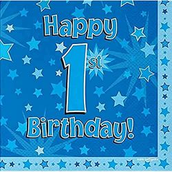 Oaktree Happy 1st Birthday Lot de 16 serviettes de table 3 plis Bleu 33 x 33 cm