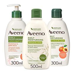 Aveeno, Daily Moisturising allo Yogurt, Set Routine all' Albicocca con Crema Corpo (300ml), Detergente Intimo (500ml) e Bagno Doccia (300ml)