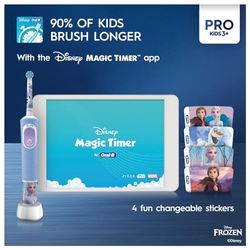 Oral-B Pro Kids elektrische tandenborstel, kindergeschenken, 1 tandenborstelkop, x4 bevroren stickers, 1 reiskoffer, 2 modi met kindvriendelijke gevoelige modus, voor kinderen vanaf 3 jaar, 2-pins