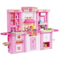 VEVOR Keukenspeelgoed voor kinderen, 3-in-1, kinderkeuken, simulatiespeelgoed met spray, geluid, licht, 74 delen, keukenaccessoires voor kinderen, kleuters en kinderen van 3 tot 8 jaar, roze