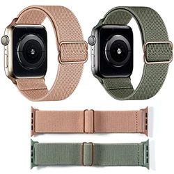 Ensemble de 2 Bracelets Élastiques Compatibles avec Bracelet Apple Watch 42mm 44mm 45mm 49mm, Bande en Nylon Tressé pour Apple Watch SE/iWatch Série 8 7 6 5 4 3 2 1, Rose Clair/Vert Sapin