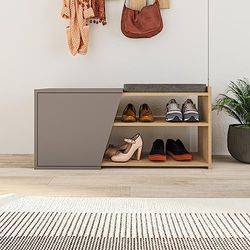 HOCUS PICUS Shoe Storage Bench | Two-Colored Hallway Storage Unit | Shoe Rack | Shelf Open and Door Storage Unit for Hallway Entryway | 104x37x47 cm | Oak - Light Mocha