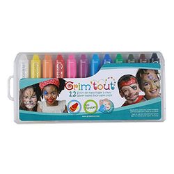 GRIM'TOUT - Water Make-up voor kinderen - 12 Sticks - Feestjes, Verjaardagen, Carnaval - Gemakkelijk aan te brengen en te reinigen - CE Cosmetica Kwaliteit - Gemaakt in Europa