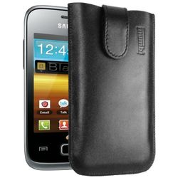 mumbi mobiltelefonfodral äkta läder med klaff och dra upp rem för Samsung Galaxy Y Duos svart