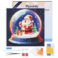Figured’Art Mini Diamond Painting Broderie Diamant 25x25cm Avec Cadre Toile Tendue et Perles Rondes - Boule à Neige et Père Noël - Kit Complet DIY Activité Manuelle Loisirs Créatifs Adultes