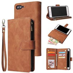 UEEBAI Portemonnee-hoesje voor iPhone 7 Plus iPhone 8 Plus, hoogwaardig vintage PU-leder, magnetische sluiting, handtasje met rits, hoesje met kickstand, kaarthouder en polsband, TPU schokbestendige