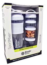 BlenderBottle Combo Pak – Sportmixer Shaker Capacité 820 ml et 4 Gostak Starter Pak de 4 boîtes- blanc