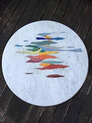 Tavolo marmo bianco carrara inciso a mano con mosaico vetro cm. 80