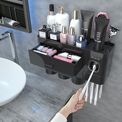 iHave Tandenborstelhouders voor badkameropslag, 3 kopjes tandenborstelhouder wandmontage met automatische tandpasta-dispenser, grote capaciteit tandenborstelhouder, badkameraccessoireset