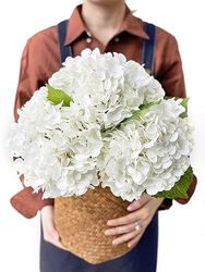 JINWOE Lot de 3 Grandes Fleurs d'hortensia artificielles Blanches de 53,3 cm au Toucher Royal, Fleurs artificielles réalistes en Latex pour Bouquet de Mariage, Centre de Table, intérieur et Maison