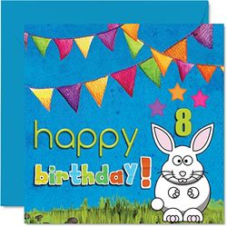 8th Birthday Card Boy Girl - Bunny Rabbit - Happy Birthday Card 8 Year Old Boy, Girls Boys Birthday Cards for Her Him, 145mm x 145mm Greeting Card for Son Daughter Nephew Niece Grandson Little Brother