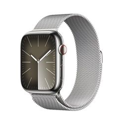 Apple Watch Series 9 [GPS + Cellular 45 mm] med boett i rostfri stålboett silver och Milanesisk loop i silver. Träningsmätare, apparna Syrenivå i blodet och EKG, koldioxidneutral