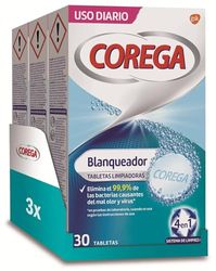 Corega Blanqueador Tabletas Limpiadoras Para Prótesis Dentales, Elimina las Manchas, Pack 3x30 Tabletas