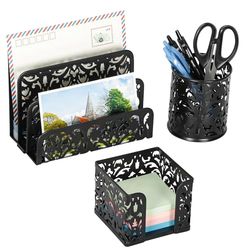 EasyPAG Set organizer da scrivania 3 in 1 intagliato con motivo floreale traforato – porta lettere, portapenne e porta banconote, nero