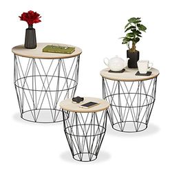 Relaxdays Basket Side Table, 3 Sizes, Wired Storage, Metal & Wooden Look, Sofa or Bedside Stand, Decorative, Black, Iron, 50.5 x 51 x 51 cm
