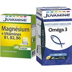 JUVAMINE - Magnésium + Vitamines B1,B2,B6-60 Comprimés & Oméga 3 - Santé Cardio-Vasculaire - 45 Capsules