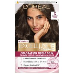 L’ORÉAL PARIS - Coloration Cheveux Permanente Triple Soin - Couvre 100% des Cheveux Blancs - Excellence Crème - Nuance : Châtain Foncé (3)
