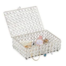 relaxdays Joyero de Cristal Glamuroso, Caja Joyas con Espejo en la Base, Metal-Vidrio, 5cm, Plateado, 1 Ud, 7 x 19 x 14,5 cm