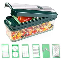 Genius Nicer Dicer Exclusive 15-Piece Vegetable Cutter Set with Tomato Cutter, Coarse Grater & Slicer, Green Stainless Steel Body & Blades, 2500 ml Collection Container