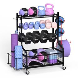 ZACHVO halterstandaard, dumbbells, rek met 4 etages voor thuis, gym met wiel en 8 haken, 160 kg draagvermogen, korte halters, opbergrek voor dumbbells en yogabal, blok, mat, riem, rol