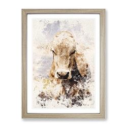 Portrait Of A Cow Vol.1 Watercolour Modern Framed Wall Art Print, Ready to Hang Picture for Living Room Bedroom Home Office Décor, Oak A2 (64 x 46 cm)